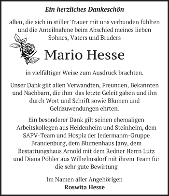 Traueranzeige von Mario Hesse von Märkische Oderzeitung