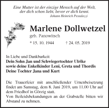 Traueranzeige von Marlene Dollwetzel von Märkische Oderzeitung