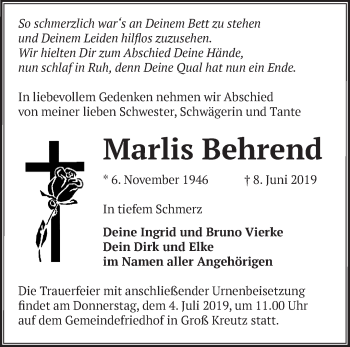 Traueranzeige von Marlis Behrend von Märkische Oderzeitung