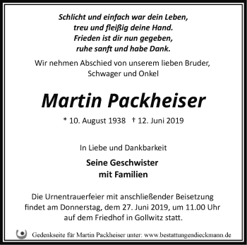 Traueranzeige von Martin Packheiser von Märkische Oderzeitung