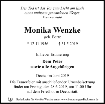 Traueranzeige von Monika Wenzke von Märkische Oderzeitung