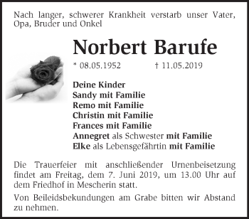 Traueranzeige von Norbert Barufe von Märkische Oderzeitung