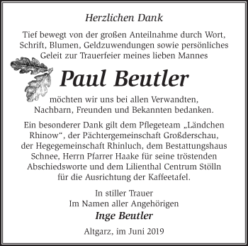 Traueranzeige von Paul Beutler von Märkische Oderzeitung