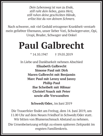 Traueranzeige von Paul Galbrecht von Märkische Oderzeitung