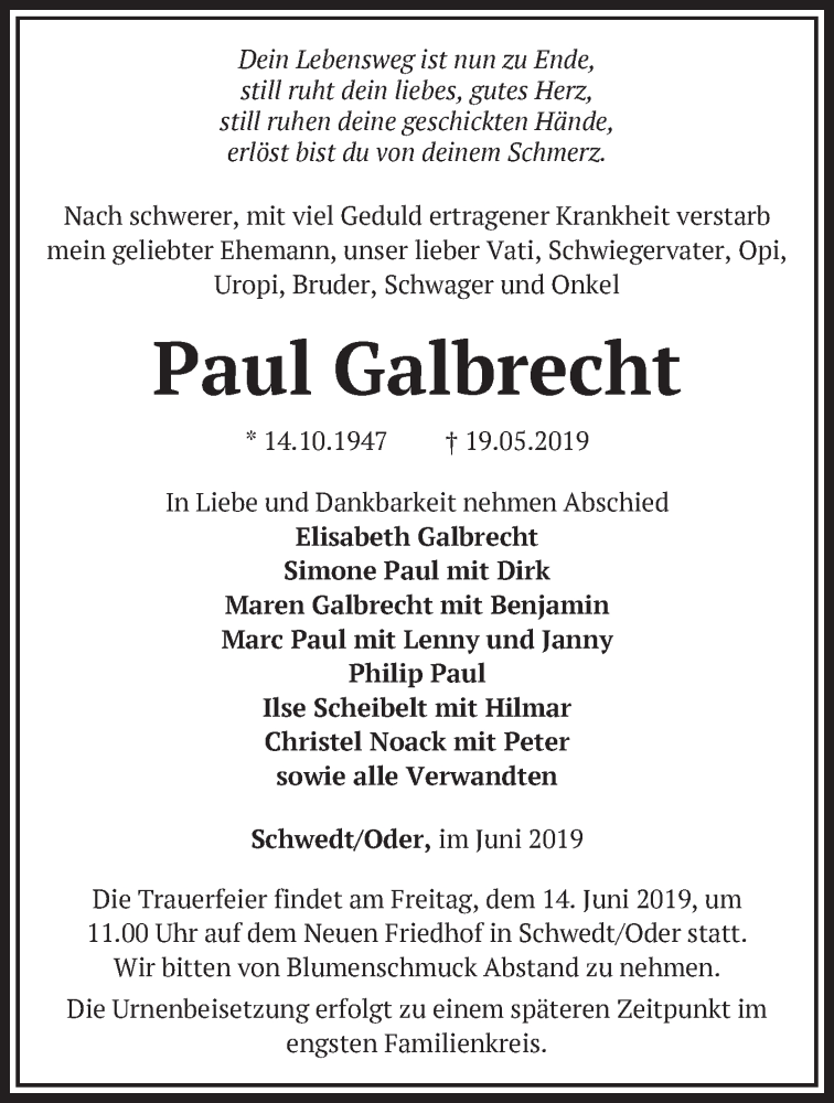  Traueranzeige für Paul Galbrecht vom 02.06.2019 aus Märkische Oderzeitung