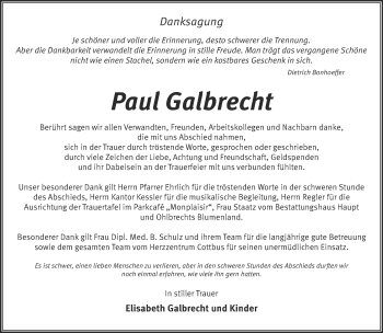 Traueranzeige von Paul Galbrecht von Märkische Oderzeitung