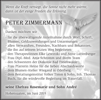 Traueranzeige von Peter Zimmermann von Märkische Oderzeitung