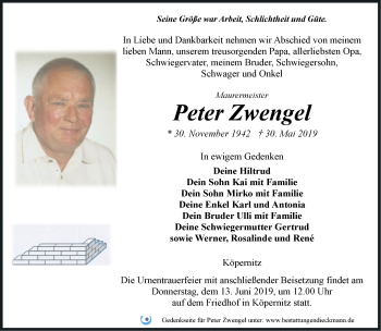 Traueranzeige von Peter Zwengel von Märkische Oderzeitung