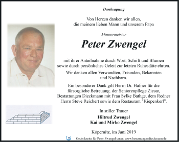 Traueranzeige von Peter Zwengel von Märkische Oderzeitung