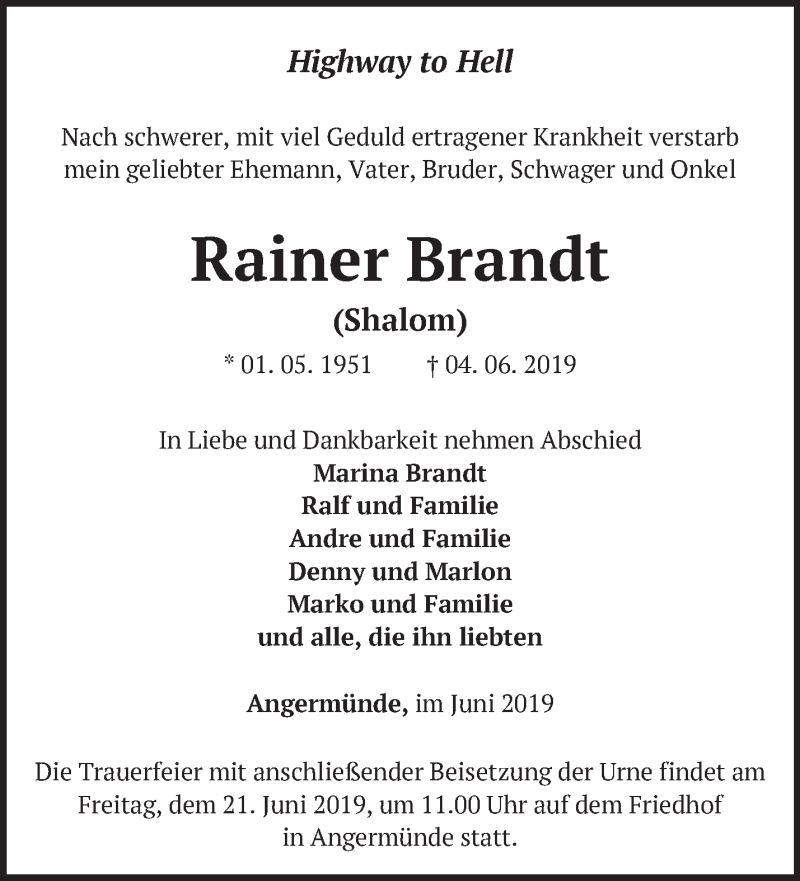  Traueranzeige für Rainer Brandt vom 09.06.2019 aus Märkische Oderzeitung