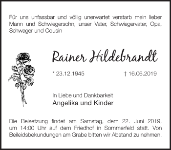 Traueranzeige von Rainer Hildebrandt von Märkische Oderzeitung