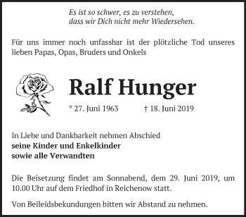 Traueranzeige von Ralf Hunger von Märkische Oderzeitung