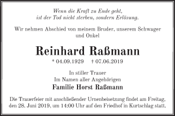 Traueranzeige von Reinhard Raßmann von Märkische Oderzeitung