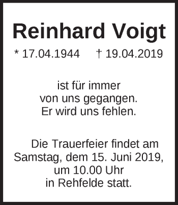 Traueranzeige von Reinhard Voigt von Märkische Oderzeitung