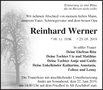 Traueranzeige von Reinhard Werner von Märkische Oderzeitung