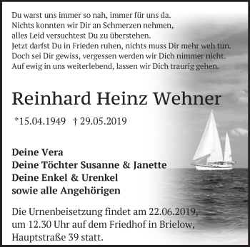 Traueranzeige von Reinhard Heinz Wehner von Märkische Oderzeitung