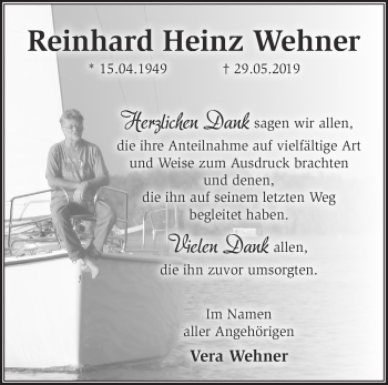 Traueranzeige von Reinhard Heinz Wehner von Märkische Oderzeitung