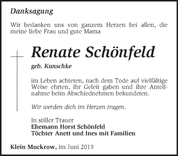 Traueranzeige von Renate Schönfeld von Märkische Oderzeitung