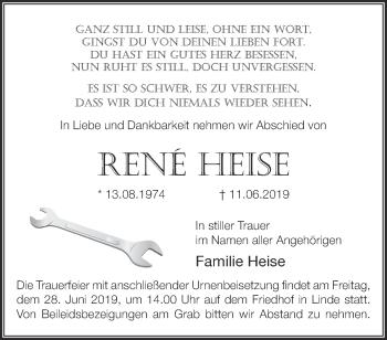 Traueranzeige von Rene Heise von Märkische Oderzeitung