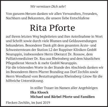 Traueranzeige von Rita Pforte von Märkische Oderzeitung