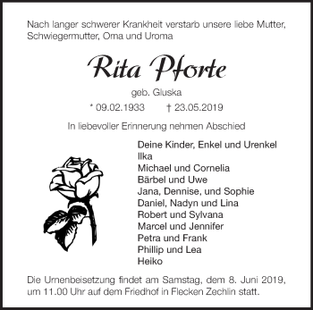 Traueranzeige von Rita Pforte von Märkische Oderzeitung