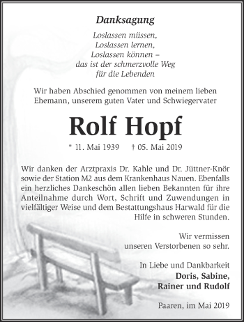 Traueranzeige von Rolf Hopf von Märkische Oderzeitung