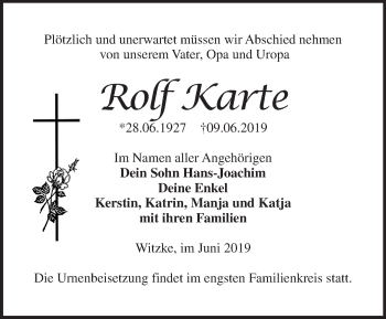 Traueranzeige von Rolf Karte von Märkische Oderzeitung