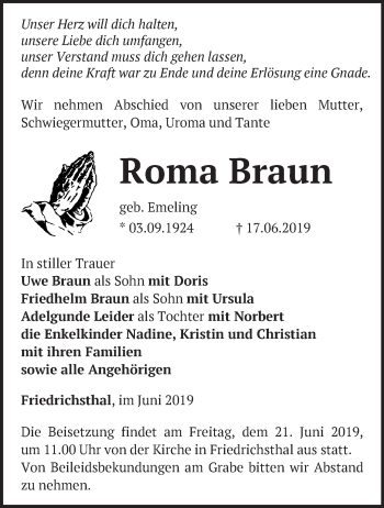 Traueranzeige von Roma Braun von Märkische Oderzeitung