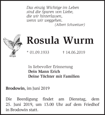 Traueranzeige von Rosula Wurm von Märkische Oderzeitung