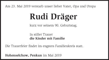 Traueranzeige von Rudi Dräger von Märkische Oderzeitung