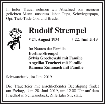 Traueranzeige von Rudolf Strempel von Märkische Oderzeitung