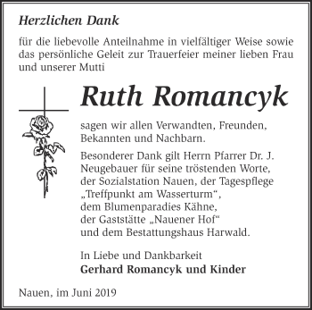 Traueranzeige von Ruth Romancyk von Märkische Oderzeitung