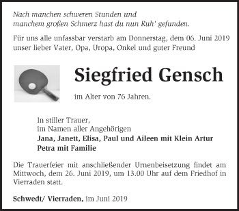 Traueranzeige von Siegfried Gensch von Märkische Oderzeitung