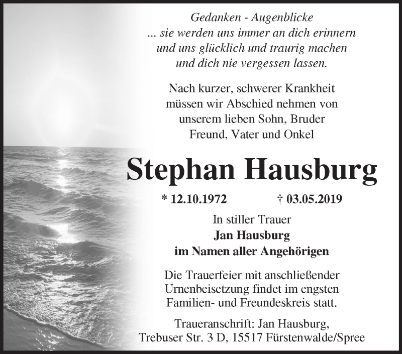  Traueranzeige für Stephan Hausburg vom 05.06.2019 aus Märkische Oderzeitung