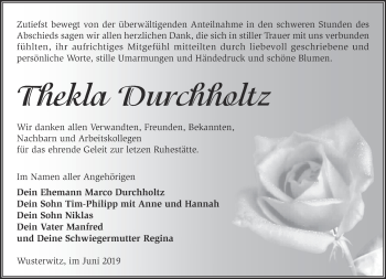 Traueranzeige von Thekla Durchholtz von Märkische Oderzeitung