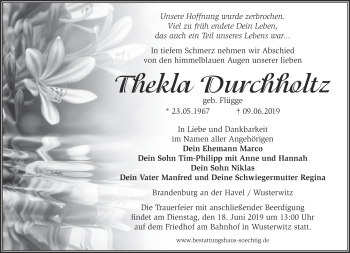 Traueranzeige von Thekla Durchholtz von Märkische Oderzeitung