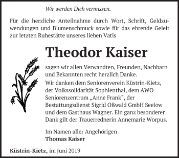 Traueranzeige von Theodor Kaiser von Märkische Oderzeitung