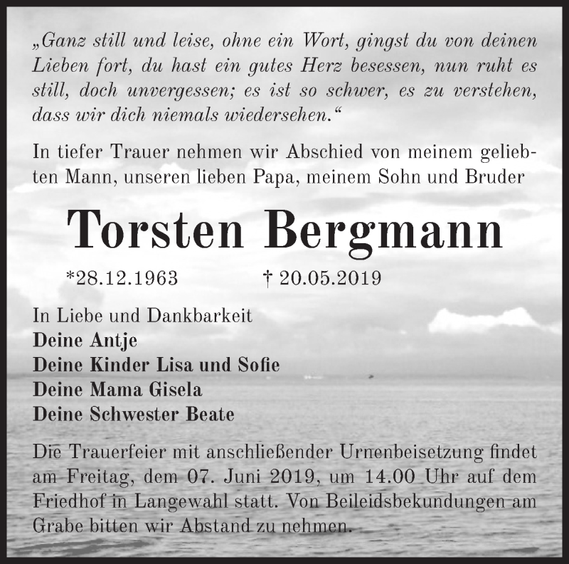  Traueranzeige für Torsten Bergmann vom 01.06.2019 aus Märkische Oderzeitung