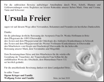 Traueranzeige von Ursula Freier von Märkische Oderzeitung