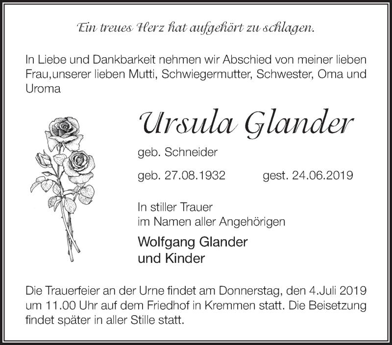  Traueranzeige für Ursula Glander vom 29.06.2019 aus Märkische Oderzeitung