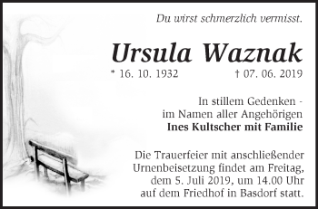 Traueranzeige von Ursula Waznak von Märkische Oderzeitung