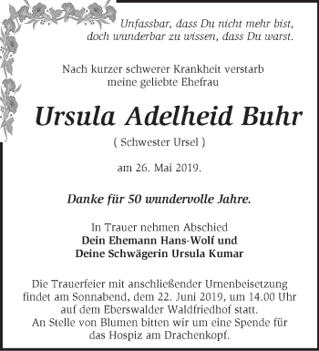 Traueranzeige von Ursula Adelheid Buhr von Märkische Oderzeitung