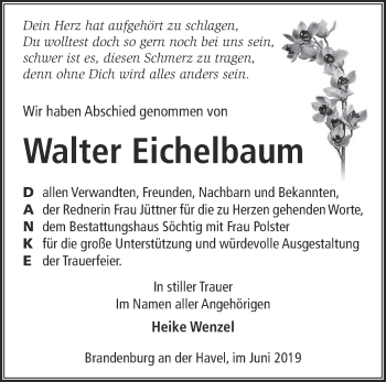 Traueranzeige von Walter Eichelbaum von Märkische Oderzeitung