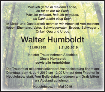 Traueranzeige von Walter Humboldt von Märkische Oderzeitung