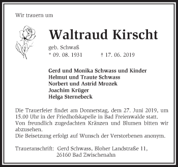 Traueranzeige von Waltraud Kirscht von Märkische Oderzeitung