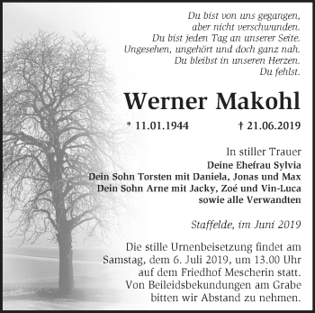 Traueranzeige von Werner Makohl von Märkische Oderzeitung