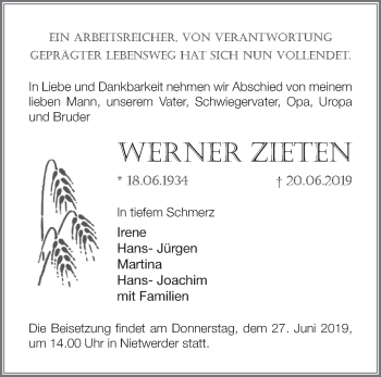 Traueranzeige von Werner Zieten von Märkische Oderzeitung