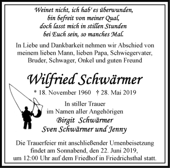 Traueranzeige von Wilfried Schwärmer von Märkische Oderzeitung