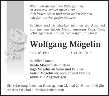 Traueranzeige von Wolfgang Mögelin von Märkische Oderzeitung