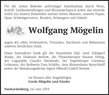 Traueranzeige von Wolfgang Mögelin von Märkische Oderzeitung